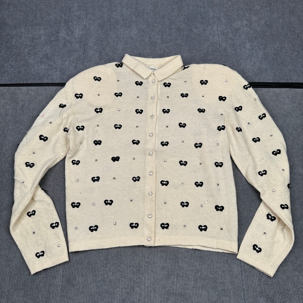 Adrienne Vittadini Vintage Angora Lambswool Bow Rhinestone Cardigan Cream Large